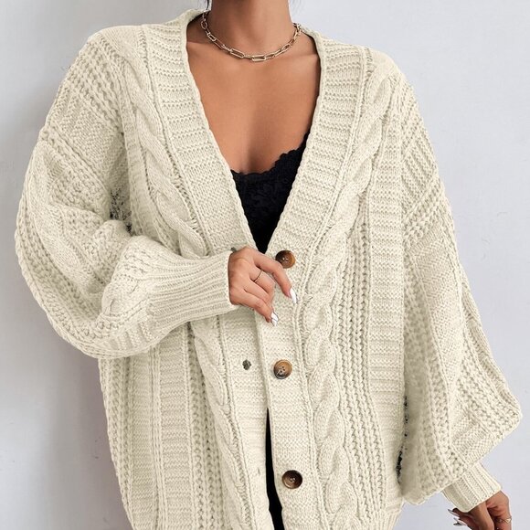 Beige Casual Womens Solid Button Front Cable Knit Cardigan - Picture 5 of 5